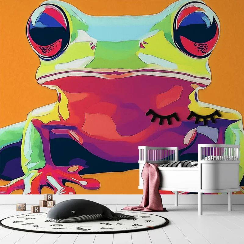 Papier peint grenouille colorée Illustration artistique d‘une grenouille vibrante sur fond orange Paiement Sécurisé