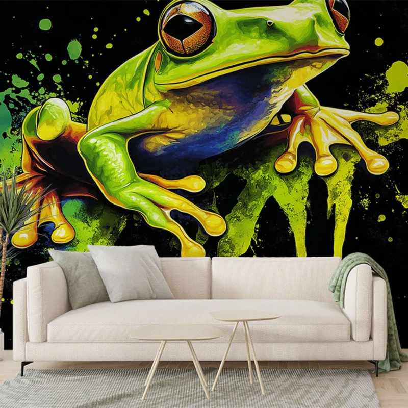 Papier peint grenouille Illustration vibrante d‘une grenouille sur fond noir Satisfait Ou Remboursé