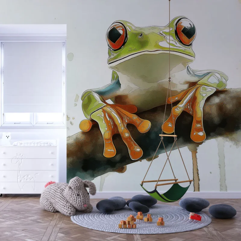 Papier peint grenouille Grenouille colorée sur une branche avec un fond apaisant Commander Maintenant