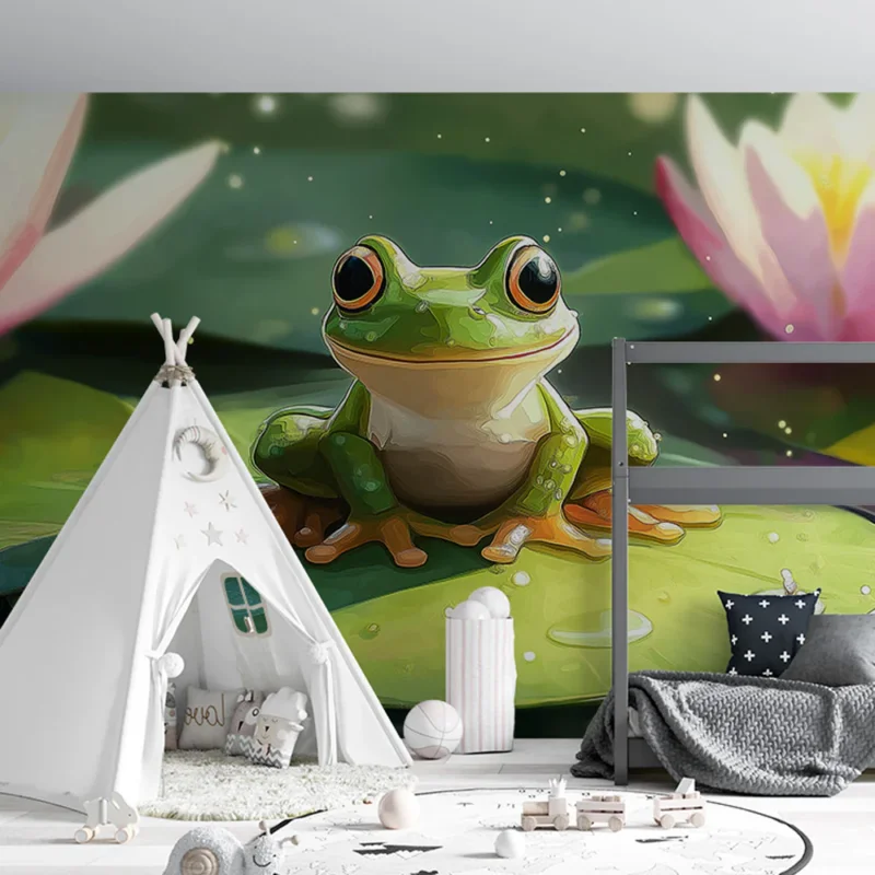 Papier peint grenouille Grenouille verte sur une feuille de nénuphar avec des fleurs en arrière-plan Seulement Aujourd'hui