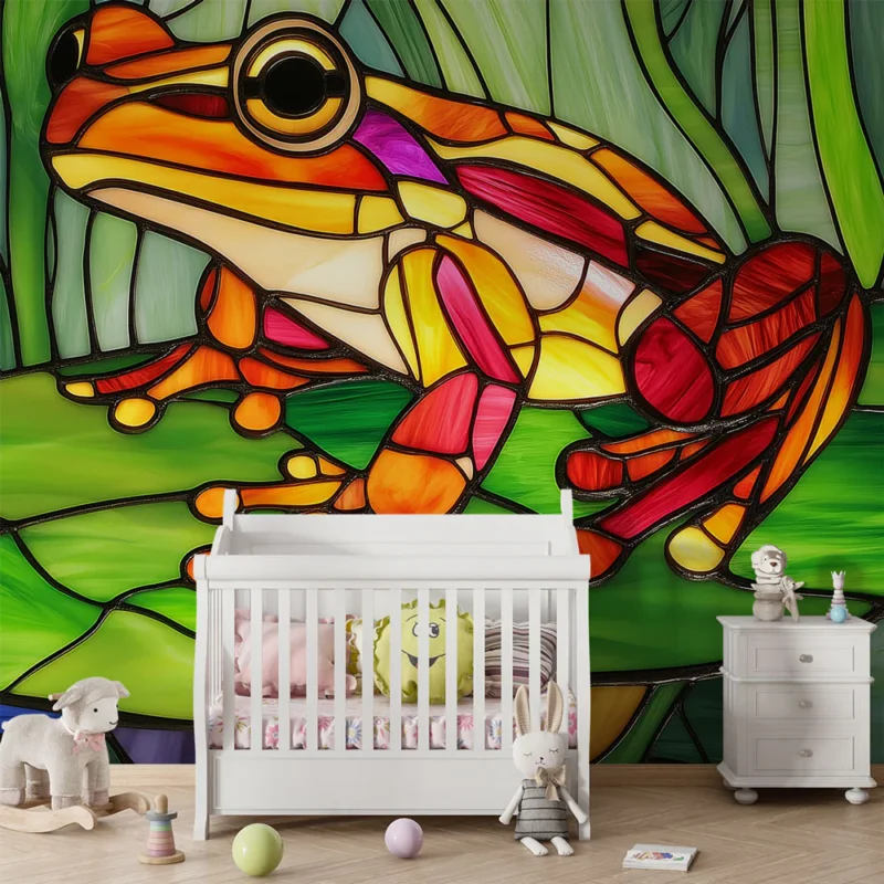 Papier peint grenouille Motif de grenouille colorée en vitrail sur feuilles de nénuphar Acheter Direct