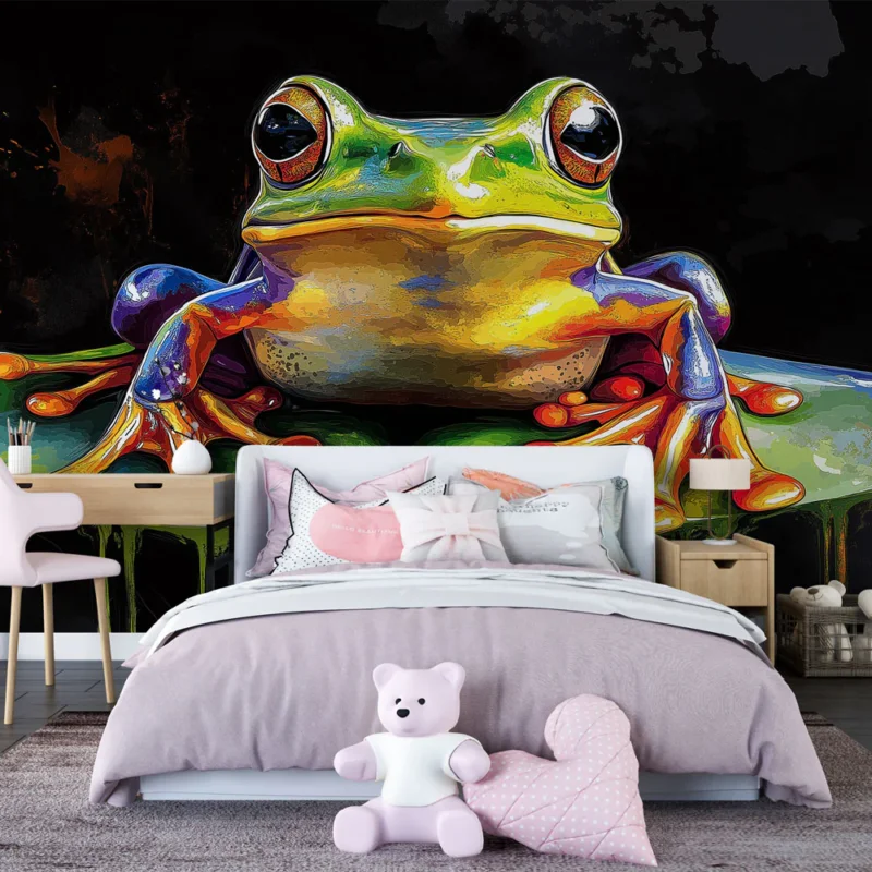 Papier peint grenouille colorée Grenouille vibrante posée sur une feuille Expédié Aujourd'hui