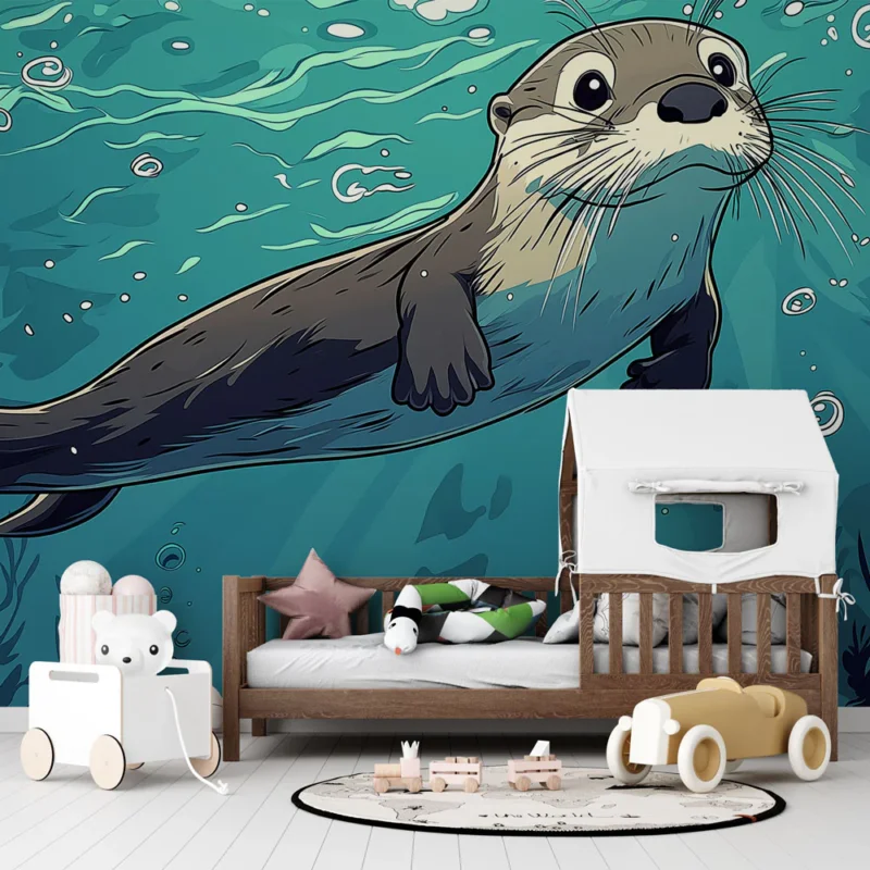 Papier peint loutre Loutre amusante nageant dans une mer turquoise Petit Prix