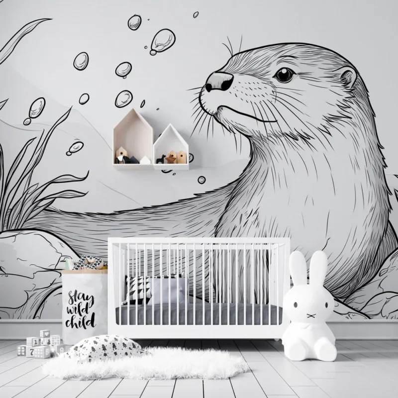 Papier peint loutre Illustration délicate d‘une loutre dans son habitat aquatique Prix Bas