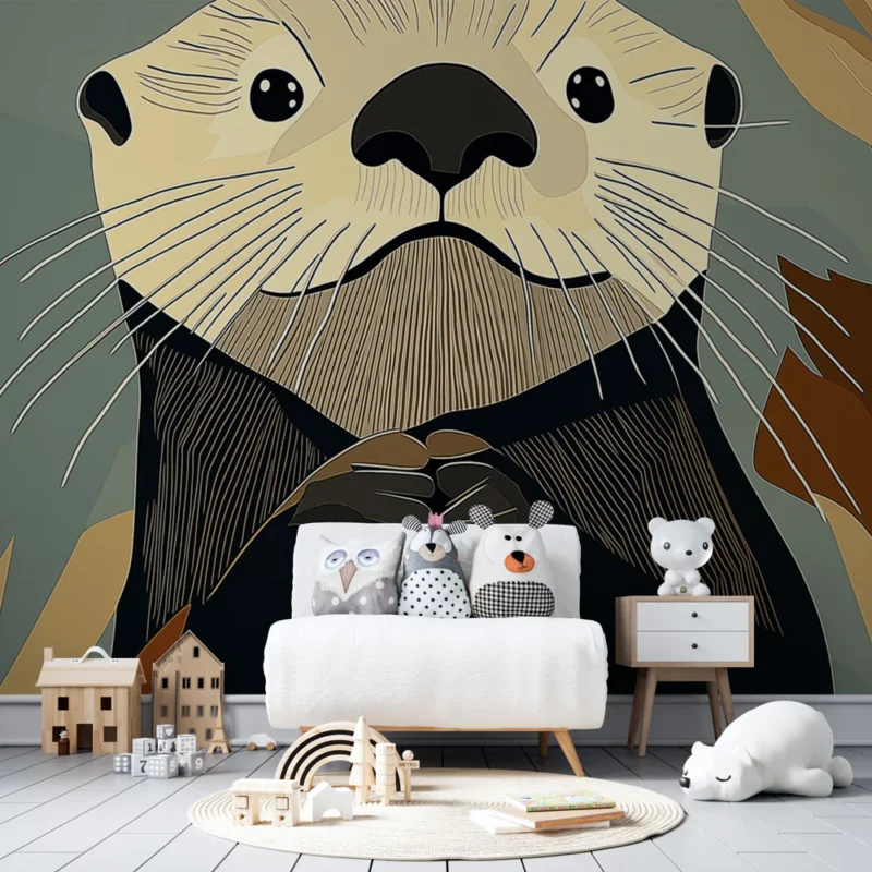 Papier peint loutre Illustration moderne d‘une loutre entourée de feuillage Pas Cher