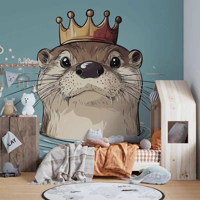 Papier peint loutre Illustration d‘une loutre avec une couronne sur fond bleu Top Vente