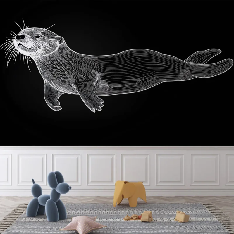 Expédition Rapide Papier peint loutre Illustration artistique de loutre en lignes blanches sur fond noir