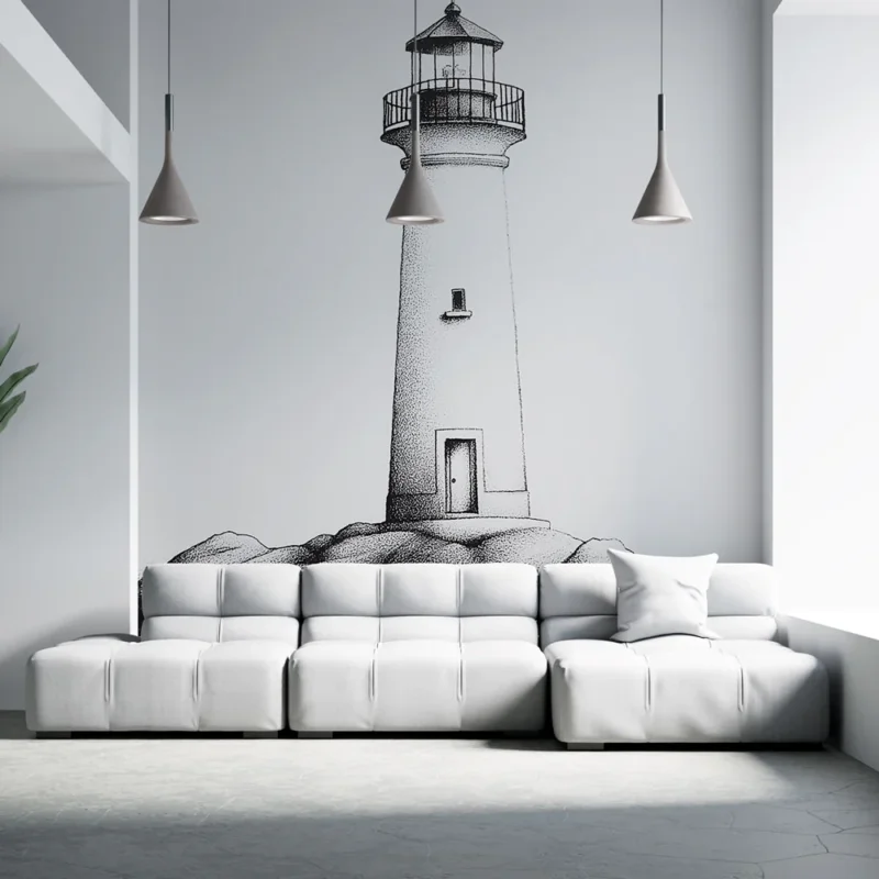 Nouveauté Papier peint phare Phare minimaliste sur rocher en dessin noir et blanc
