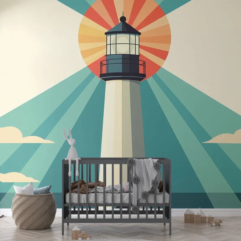 Marque Papier peint phare coloré Design rétro d‘un phare avec un coucher de soleil stylisé