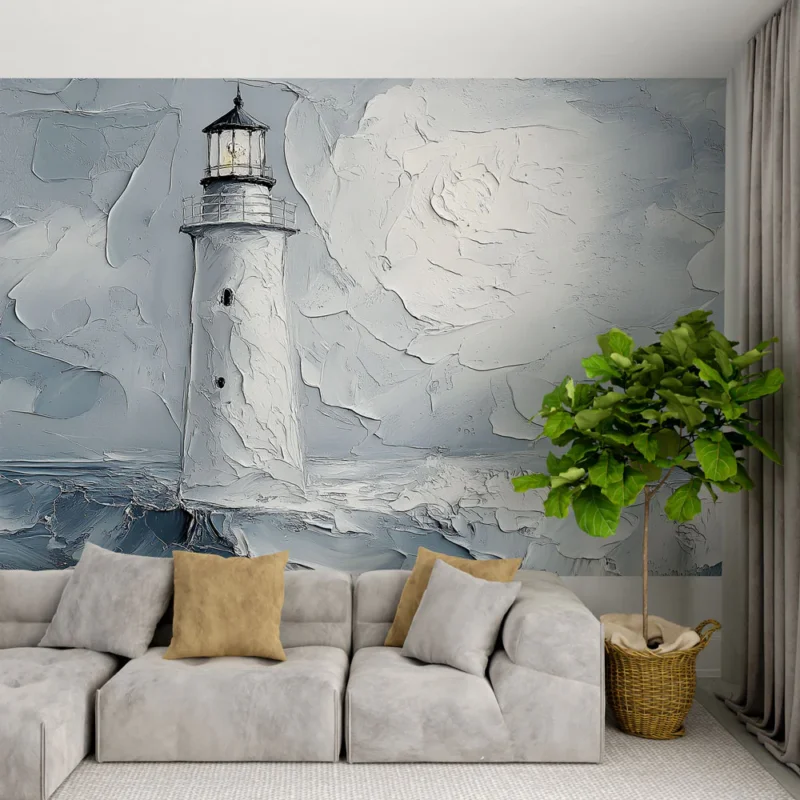 Nouveauté Papier peint phare Phare illuminé au bord de la mer dans des nuances de bleu