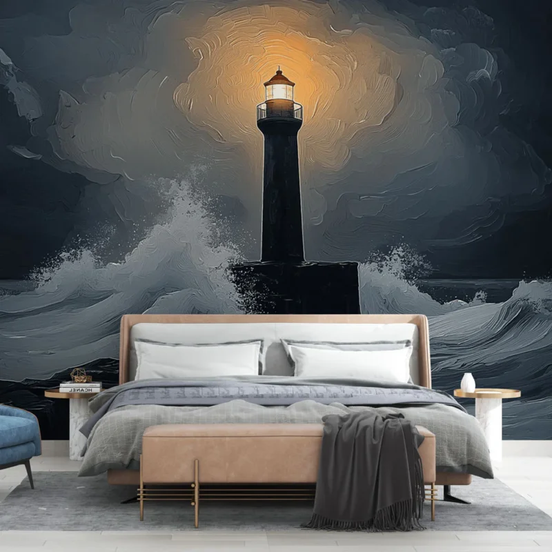 Affaire À Saisir Papier peint phare Phare illuminé au bord de la mer lors d‘une tempête