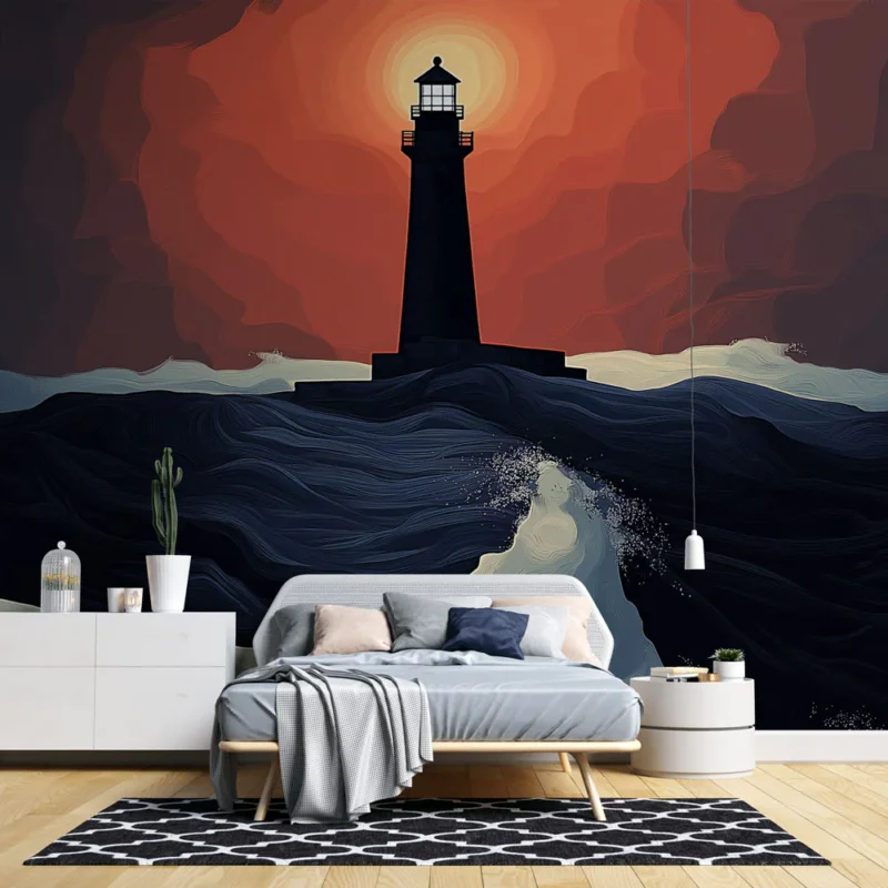 Acheter En Ligne Papier peint phare au coucher du soleil Un phare majestueux illuminant des vagues tumultueuses