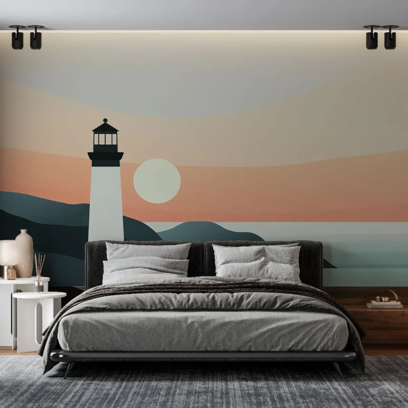 Nouvel Arrivage Papier peint phare Illustration moderne d‘un phare au coucher du soleil