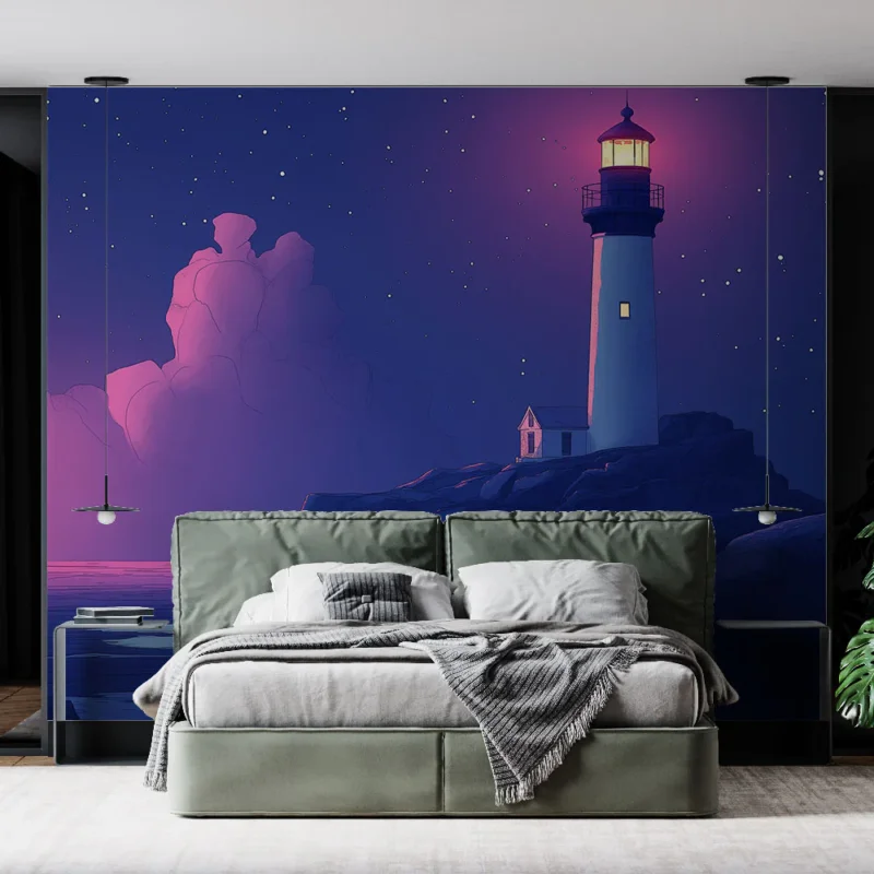 Nouvelle Collection Papier peint phare lumineux Phare sur une falaise sous un ciel étoilé