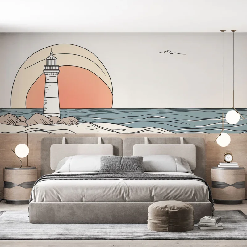 Acheter En Ligne Papier peint phare Illustration de phare au coucher de soleil