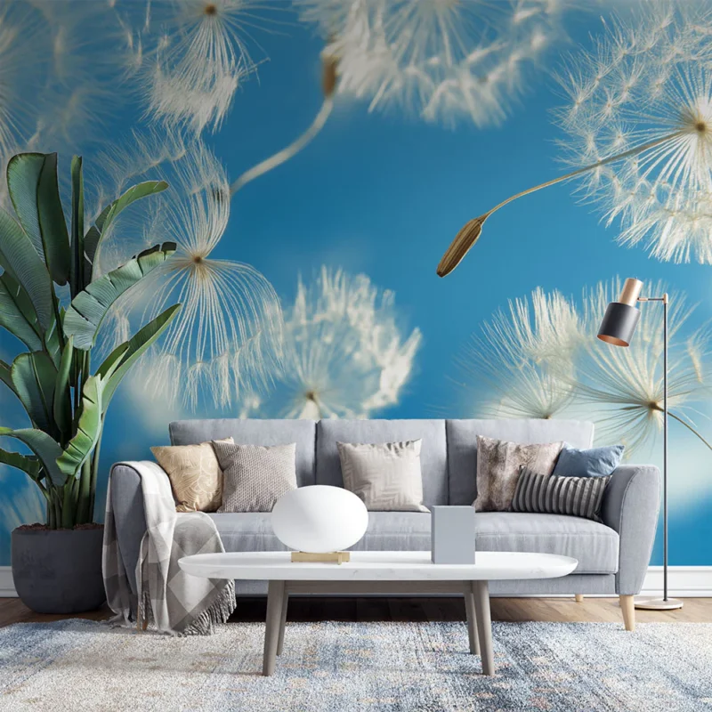 Meilleure Vente Papier peint pissenlit Plumes délicates de pissenlit en vol sur fond bleu