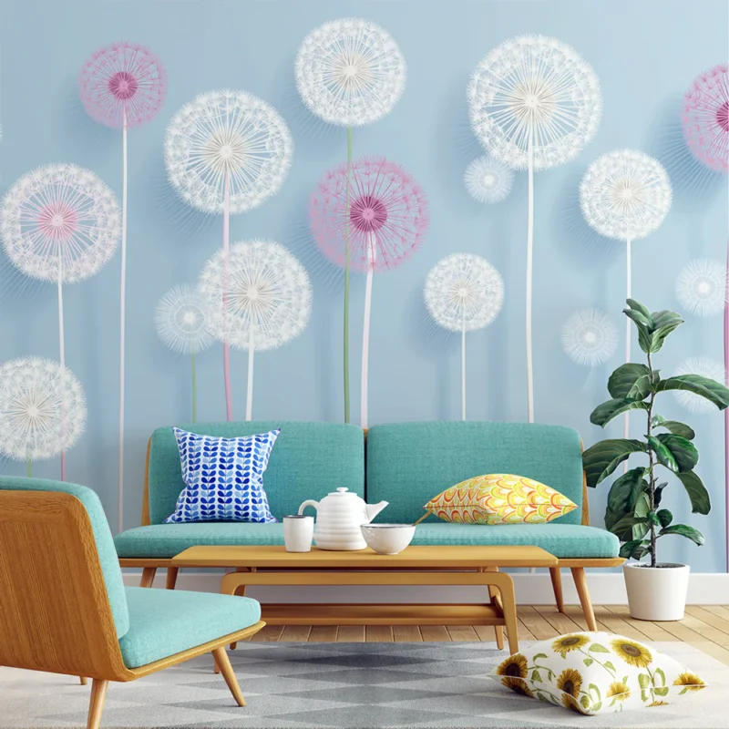 Haute Qualité Papier peint pissenlit Fleurs de pissenlit délicates sur fond bleu