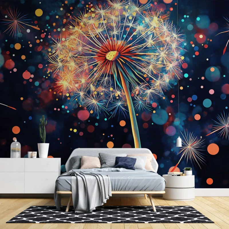 Marque Papier peint fleur de pissenlit Éclat coloré et motifs vibrants sur fond sombre