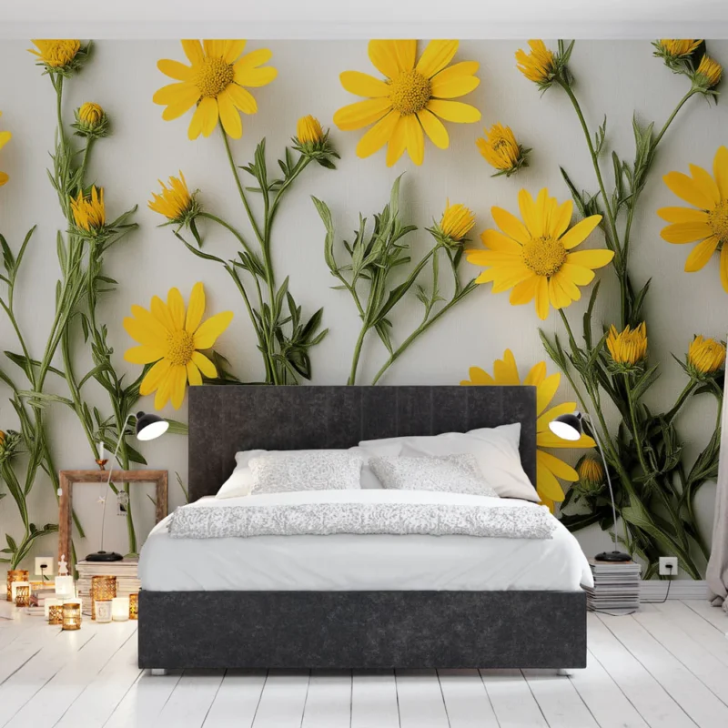 Achetez Aujourd'hui Papier peint fleurs jaunes Motif floral lumineux avec des marguerites en jaune vif