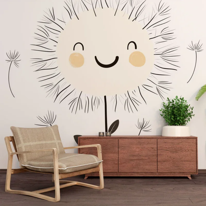 Commande En Gros Papier peint fleur joyeuse Illustration d‘une fleur souriante avec des pissenlits