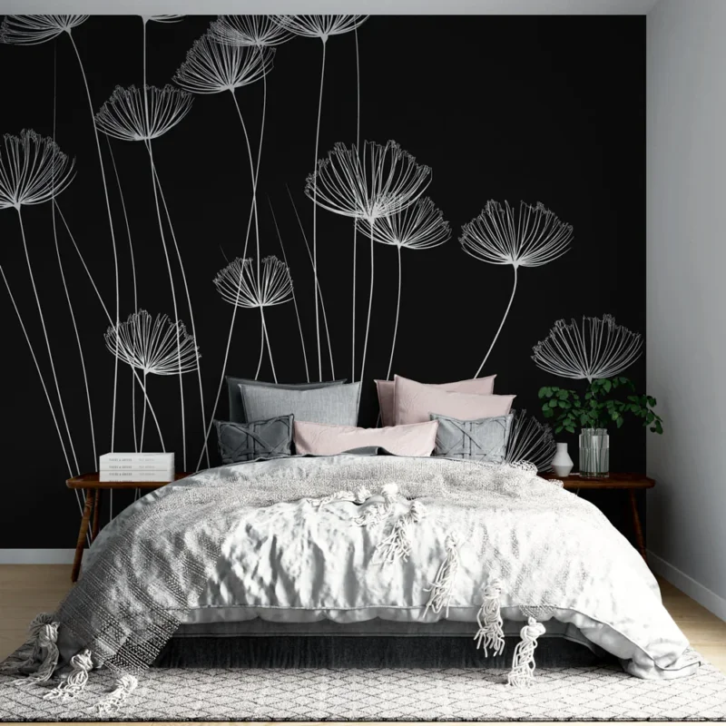 Commander Maintenant Papier peint floral minimaliste Fleurs blanches sur fond noir