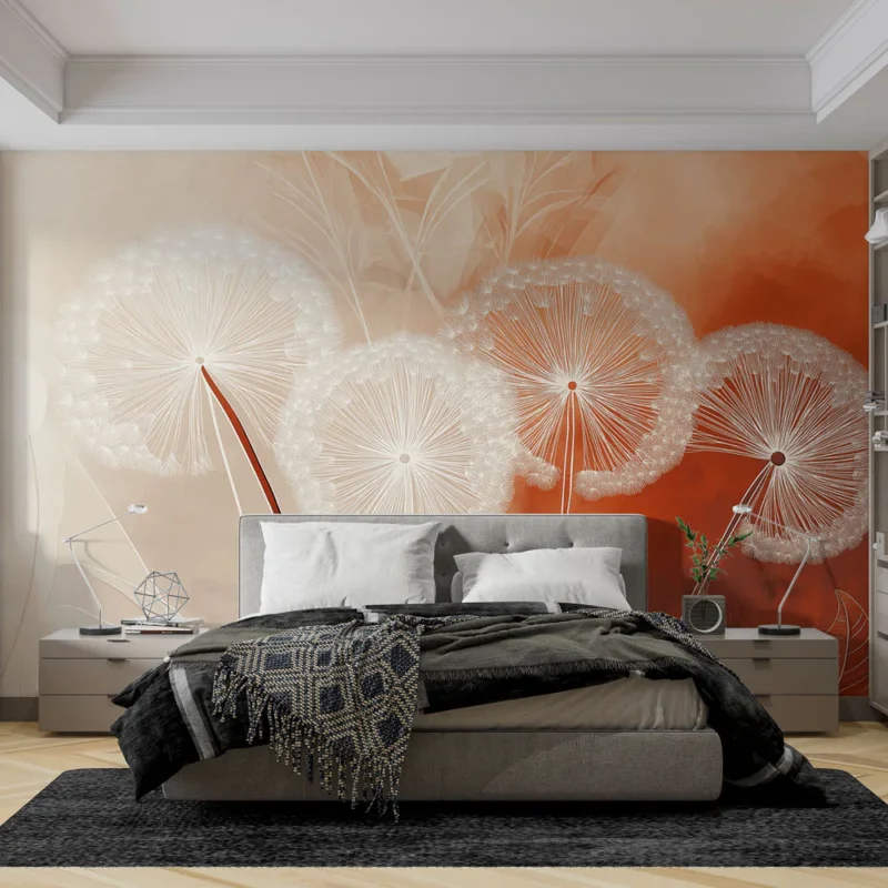 Nouvelle Collection Papier peint floral Dandelions délicats sur fond chaleureux
