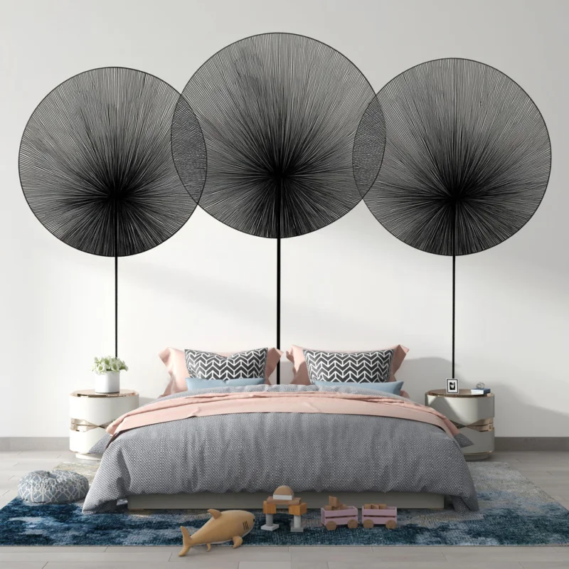 Papier peint abstrait Motif de cercles noirs stylisés sur fond blanc Commander Maintenant