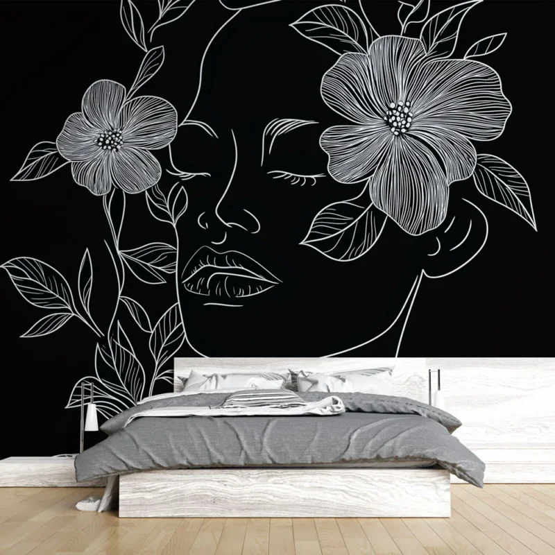 Dernière Chance Papier peint femme et fleurs Silhouette délicate avec motifs floraux sur fond noir