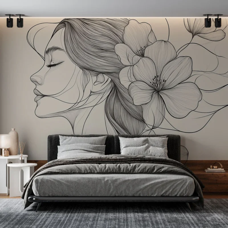 Papier peint floral minimaliste Silhouette délicate d‘une femme entourée de fleurs élégantes Soldes