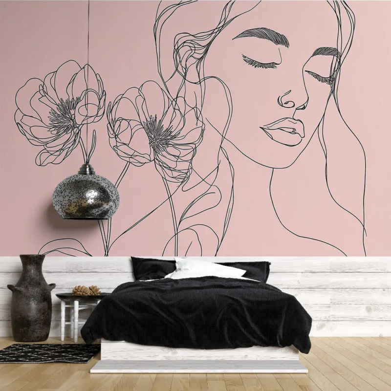 Nouvel Arrivage Papier peint floral Silhouettes florales et visage féminin sur fond pastel