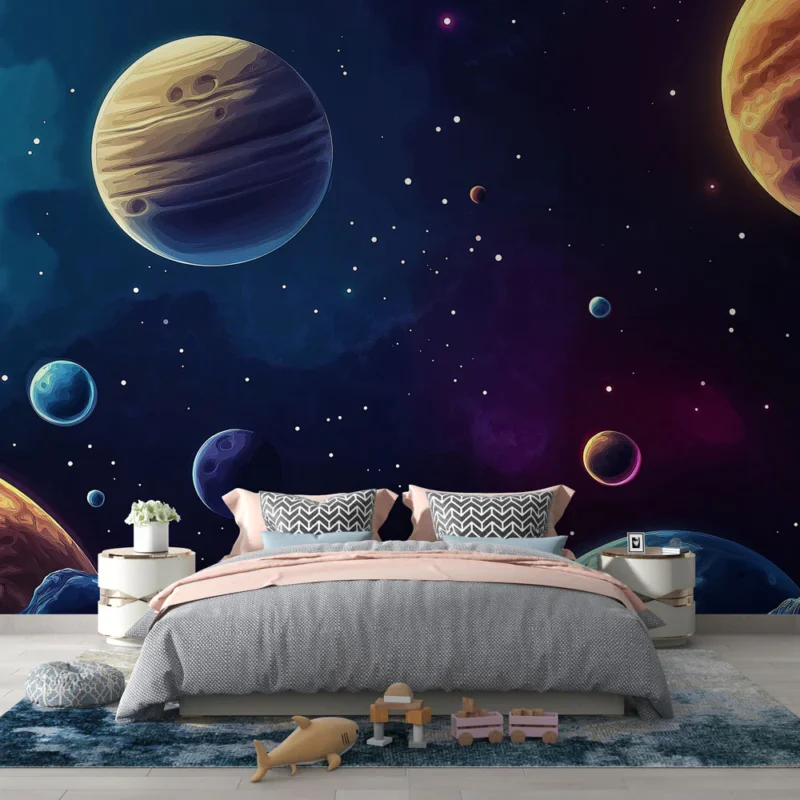 Affaire À Saisir Papier peint espace Motif planètes colorées sur fond étoilé