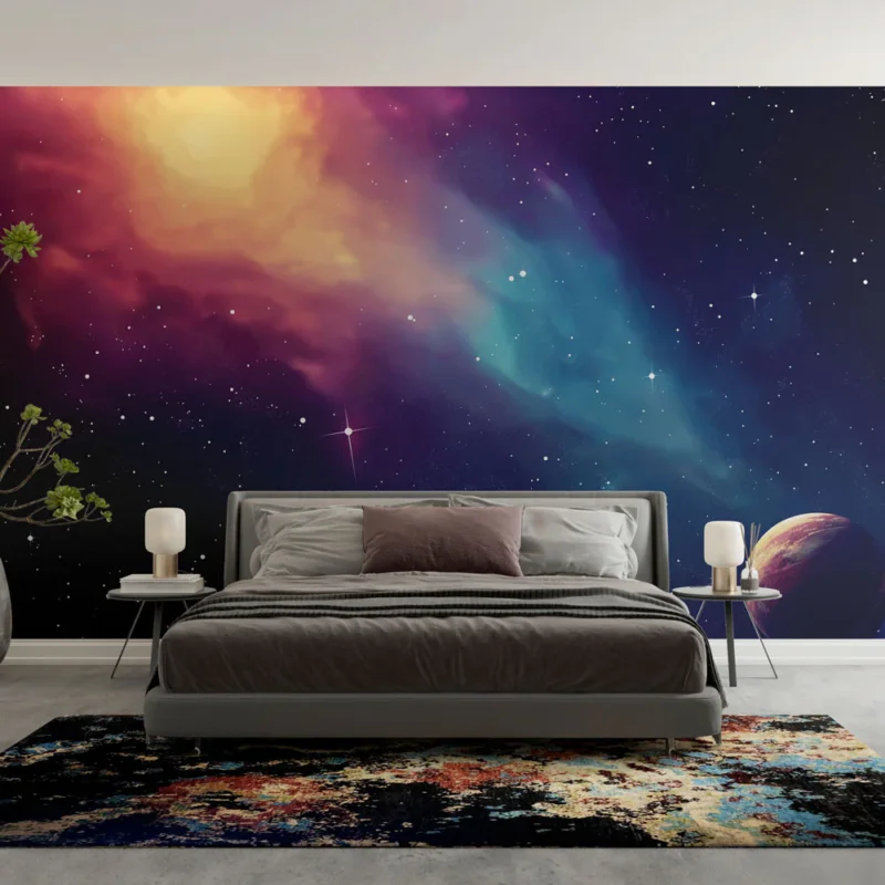 Papier peint galaxie Un paysage cosmique vibrant avec étoiles et planètes Produit De Marque