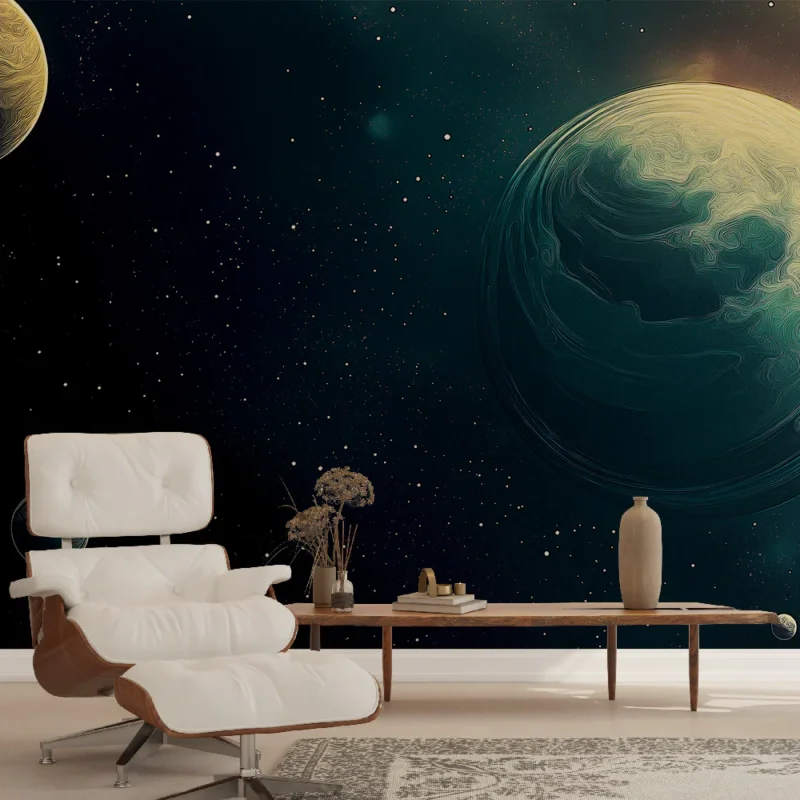 Papier peint cosmos Planètes stylisées dans un espace infini Offre Limitée