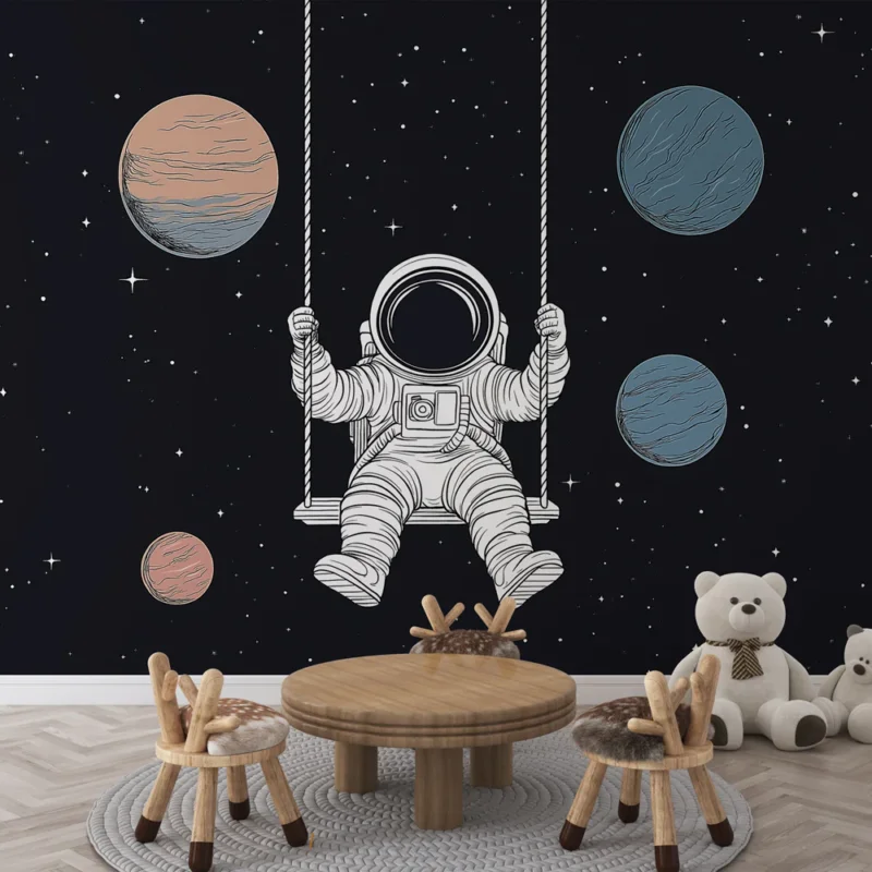Papier peint astronaute Un astronaute paisiblement balançant au milieu des planètes Acheter En Ligne