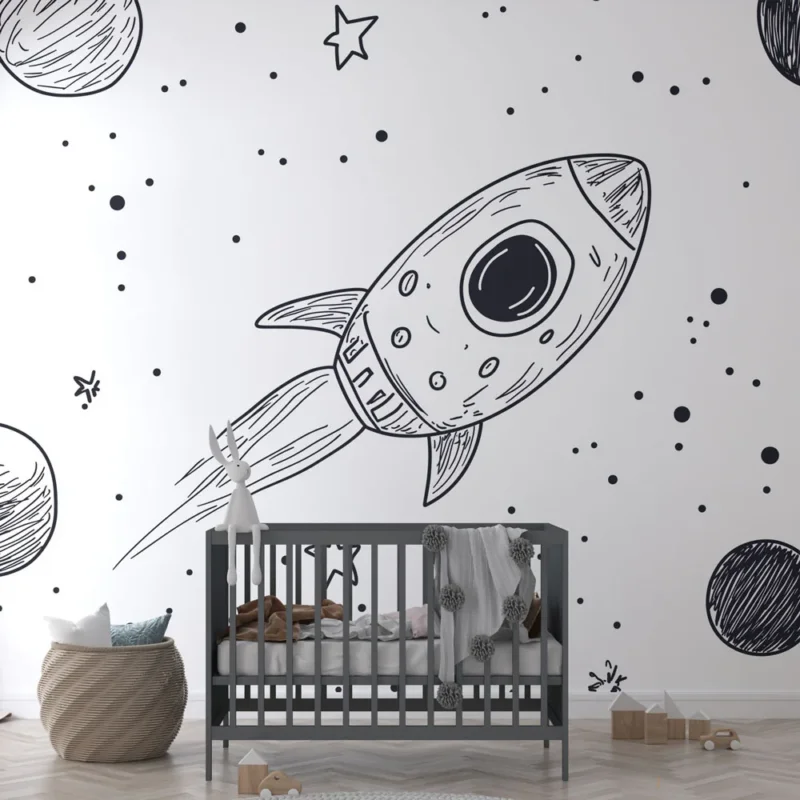 Papier peint espace Fusée et planètes dessinées à la main Prix Choc