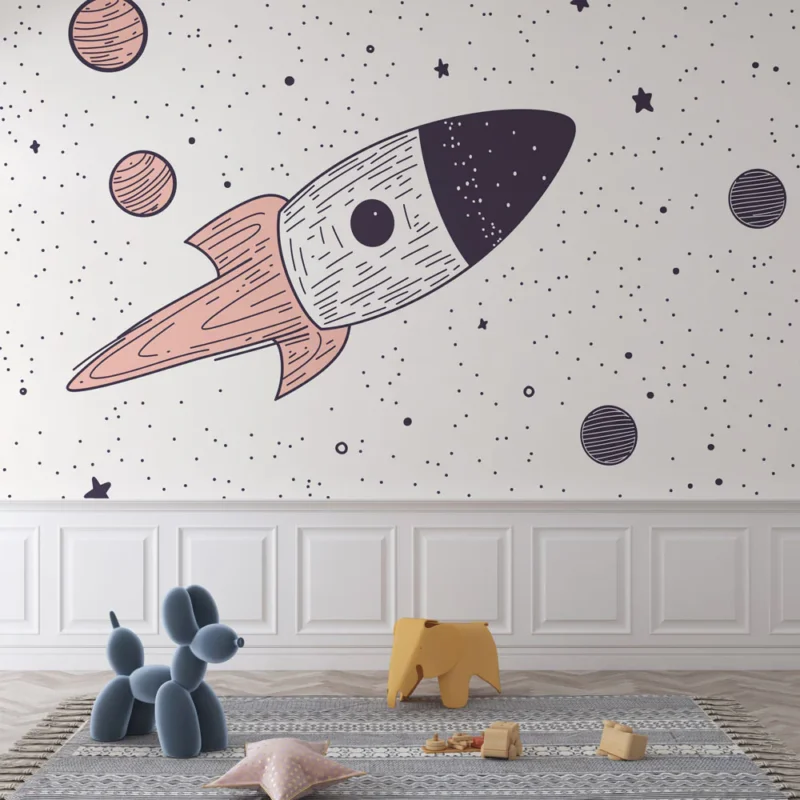 Papier peint fusée Design coloré de fusée dans l‘espace avec des planètes Populaire