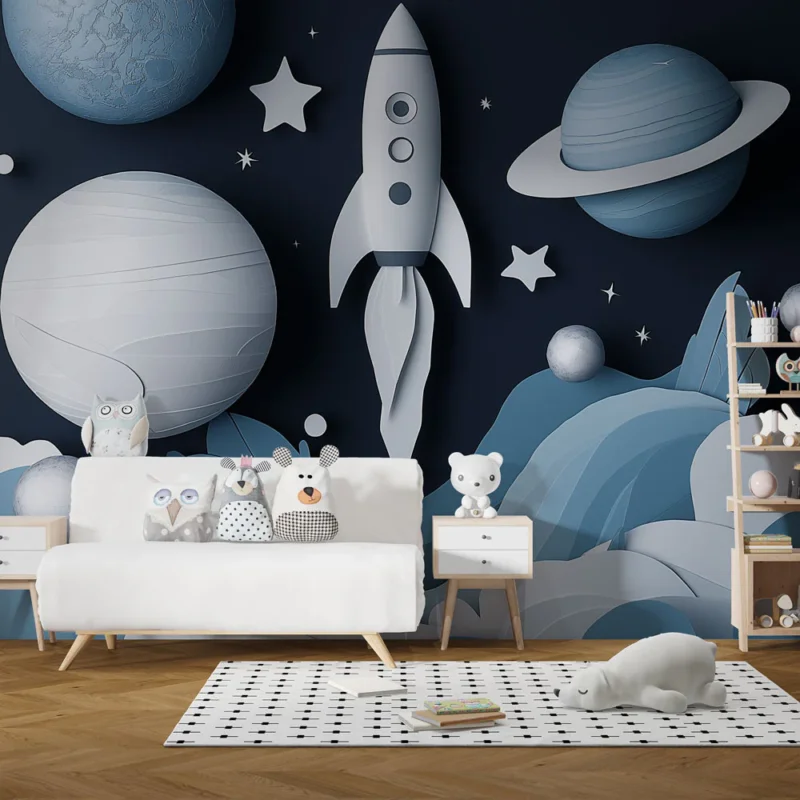 Expédition Rapide Papier peint espace Décorations célestes avec fusée et planètes