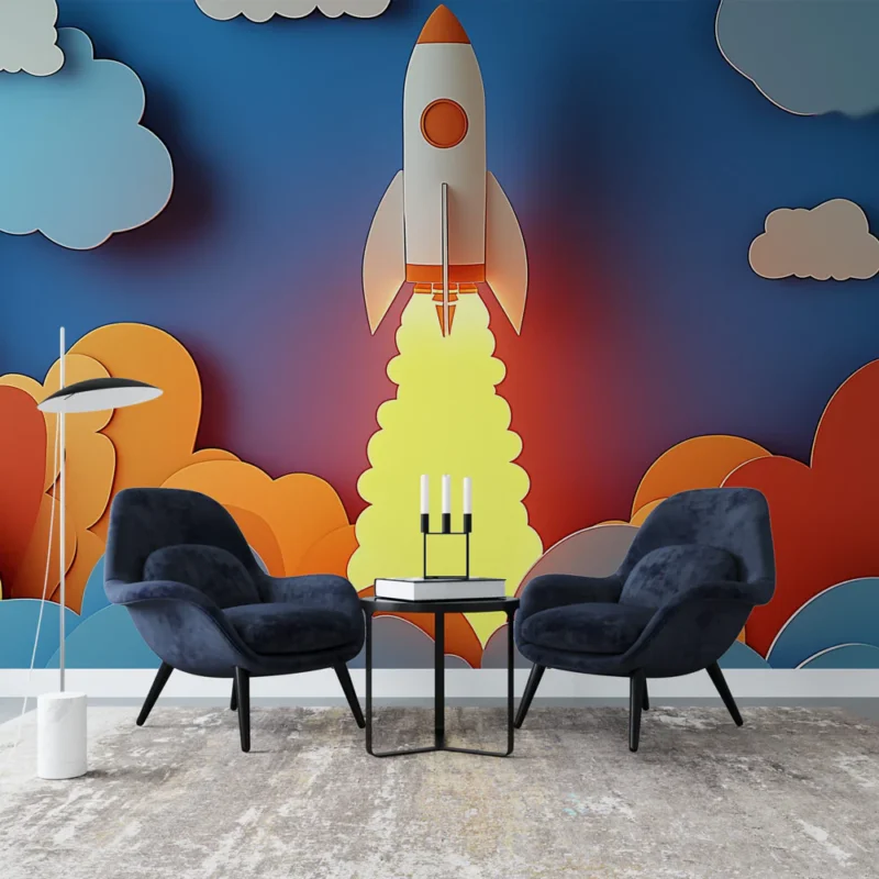 Bon Plan Papier peint fusée Décollage ludique au milieu de nuages colorés