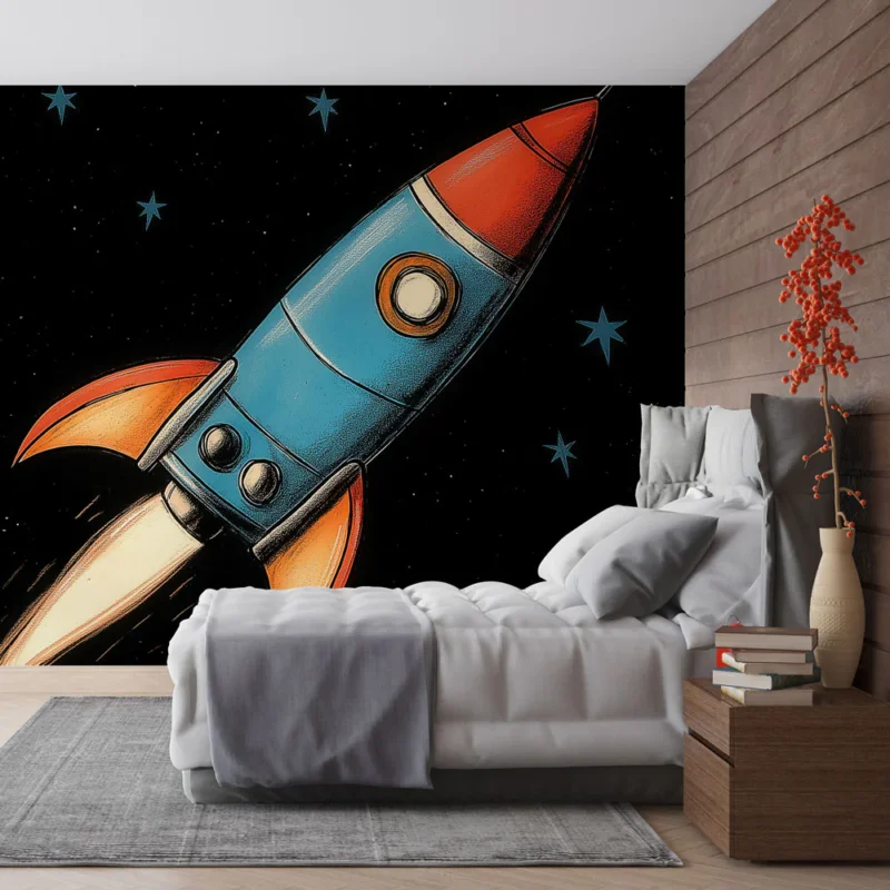 Nouveauté Papier peint fusée Fusée stylisée dans l‘espace noir étoilé