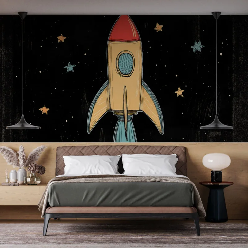 Papier peint fusée Illustration colorée d‘une fusée dans l‘espace Usine Directe