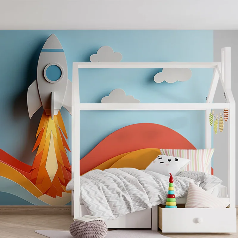 Commander Vite Papier peint fusée Fusée en papier avec des nuages et des vagues colorées