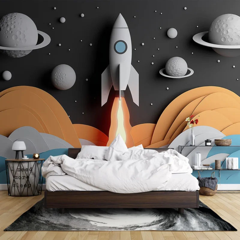 Papier peint fusée Décollage vers les étoiles avec un design ludique Promotion Saisonnière