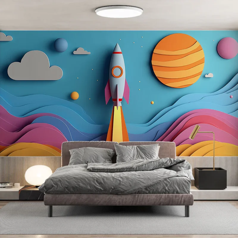 Papier peint fusée Design coloré et ludique avec ciel étoilé Offre Exclusive