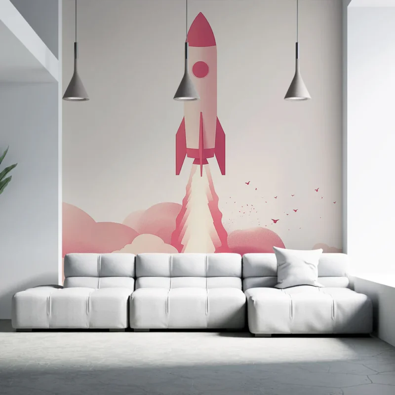 Papier peint fusée Fusée stylisée montant dans des nuages roses Promotion