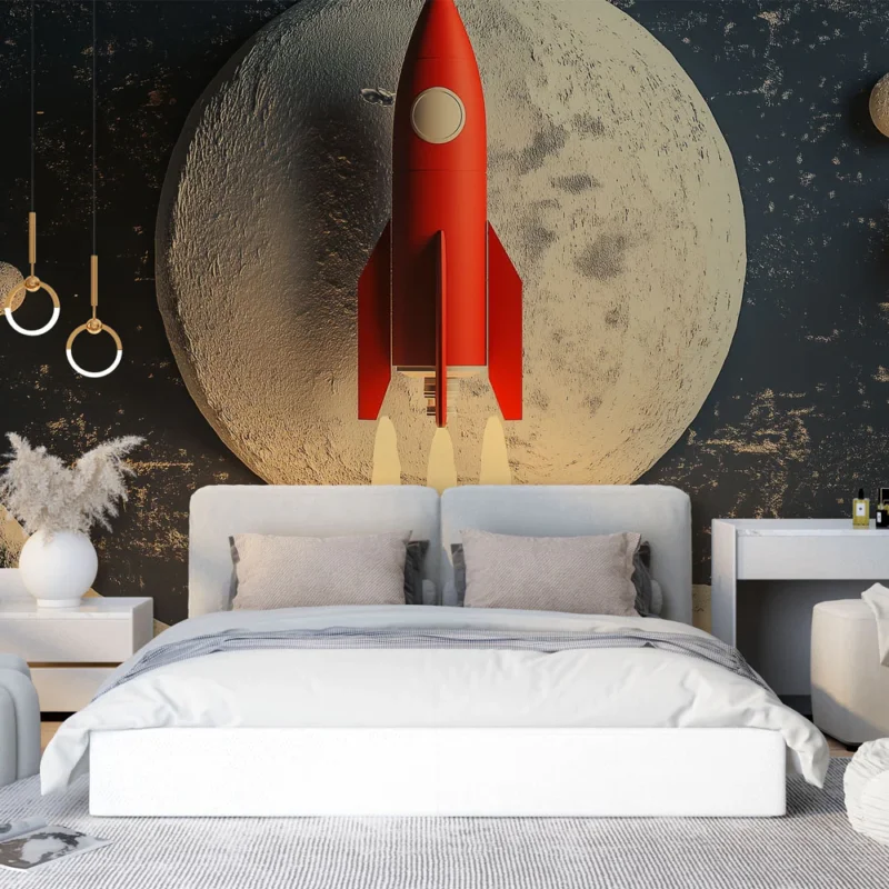 Papier peint fusée Voyage intergalactique avec une fusée rouge et la lune Meilleur Prix