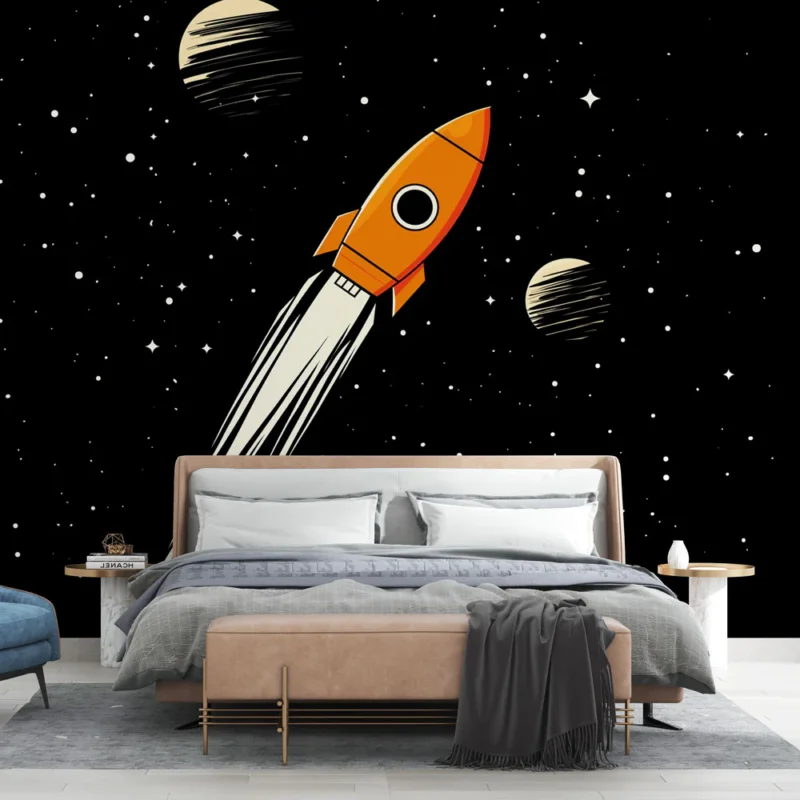 Papier peint fusée Fusée orange s‘élevant dans l‘espace étoilé Dernier Modèle