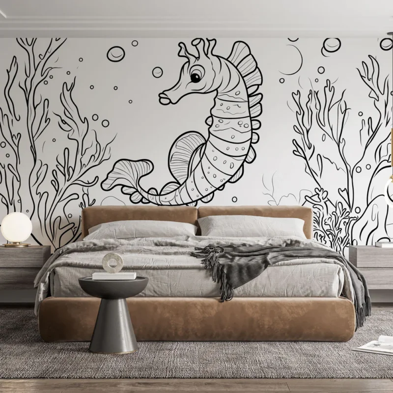 Papier peint hippocampe Motif d‘hippocampe et de corail aquatique Must-Have
