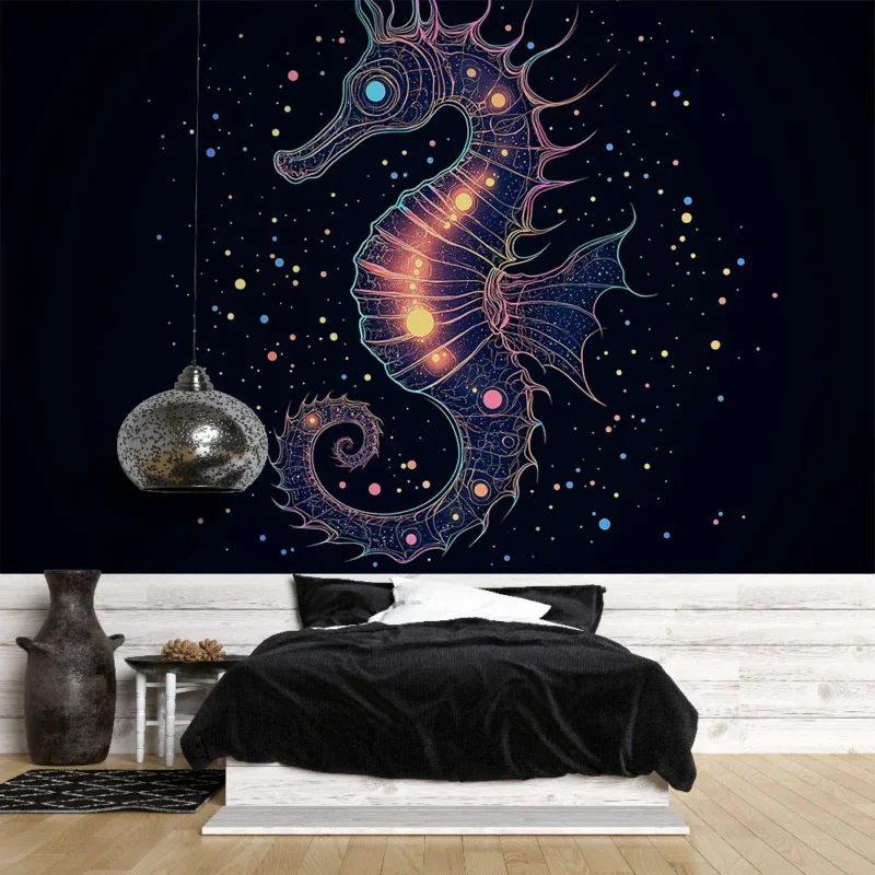 Certifié Papier peint hippocampe Dessin coloré d‘un hippocampe lumineux sur fond noir