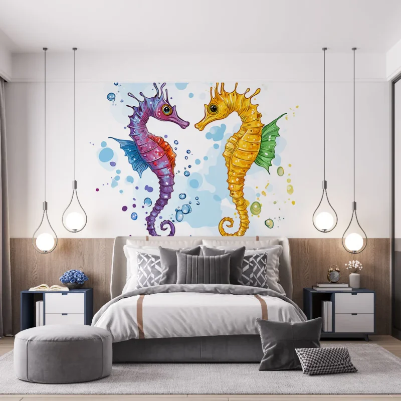 Papier peint hippocampes colorés Motif ludique et aquatique avec hippocampes vibrants Dernière Chance