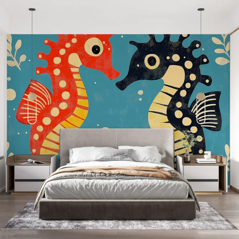 Papier peint hippocampes Design ludique d‘hippocampes colorés sur fond aquatique Vente Flash